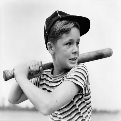 1930s Boy At Bat Wearing A Horizontal Striped Tee Shirt And Baseball Cap Poster Print By Vintage Collection (22 X 28)