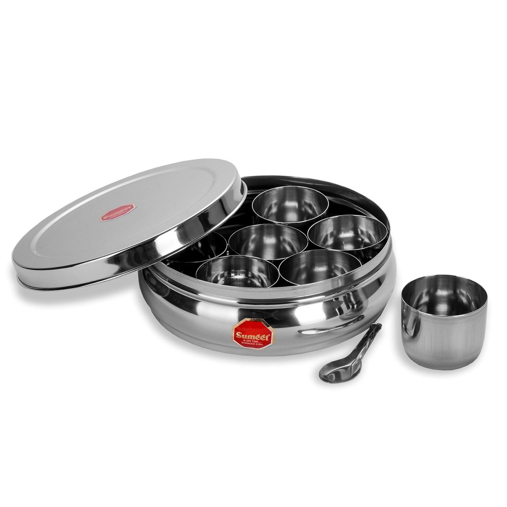 Sumeet Stainless Steel Belly Shape Masala (Spice) Box/Dabba/Organiser with 7 Containers and Small Spoon Size No. 12 (20.5cm Dia) (2 Ltr Capacity)