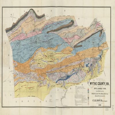 16" x 24" 1888 Map of Wythe County Virginia with Part of Pulaski County Soil Ores Rocks Railroads Roads