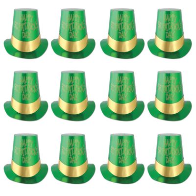Beistle 12 Piece Glittered St Patrick's Day Top Hats - Leprechaun Theme Party Supplies,Green/Gold