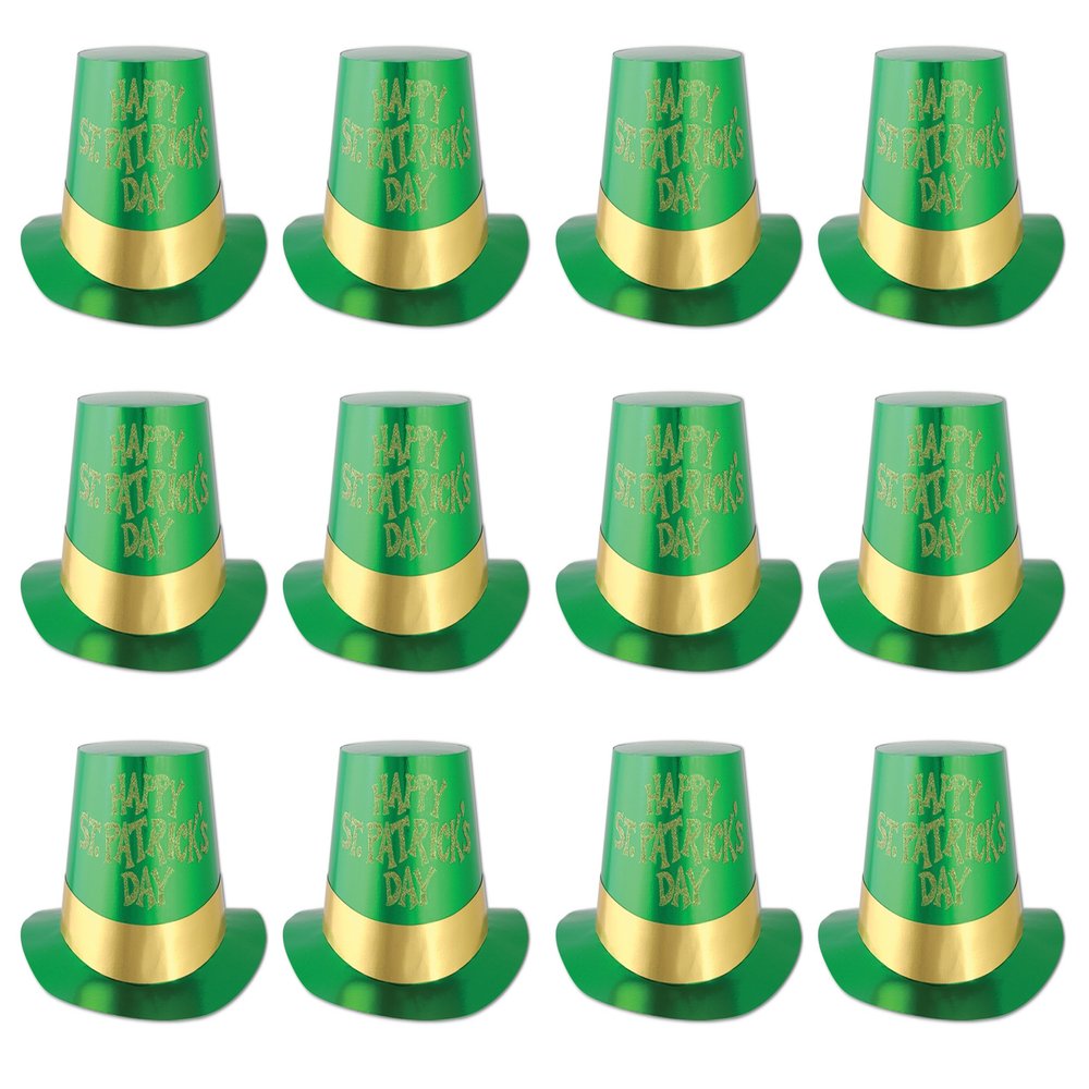 Beistle 12 Piece Glittered St Patrick's Day Top Hats - Leprechaun Theme Party Supplies,Green/Gold