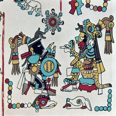 Mexico Mixtec Rulers Nmixtec King Eight Deer Jaguar Claw (Left) Negotiates Treaties With A Tribal Leader Twelve Dragon Detail From The Codex Zouche-Nutall C1450 Poster Print by (18 x 24)