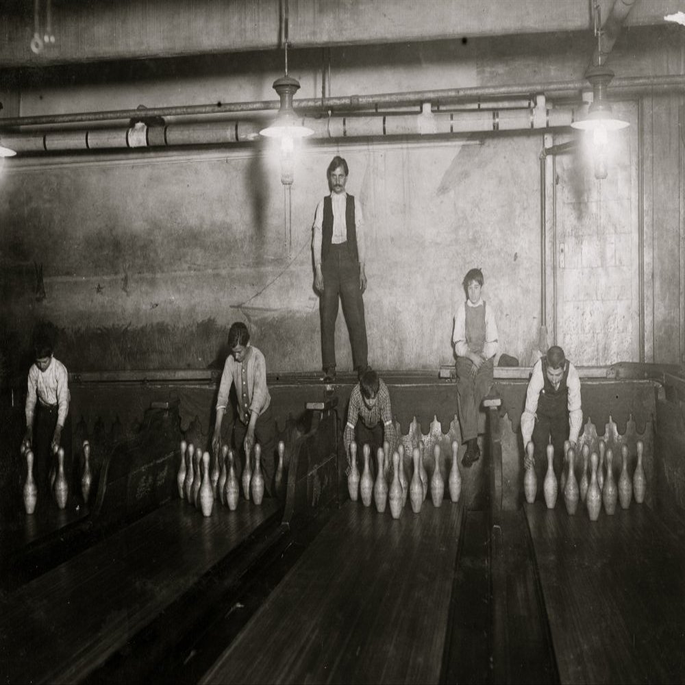 100 AM Pin boys working in Subway Bowling Alleys 65 South St Brooklyn NY every night 3 smaller boys were kept out of the photo by Boss Location New York--Brooklyn New York (State) Poster Print (24 x 3