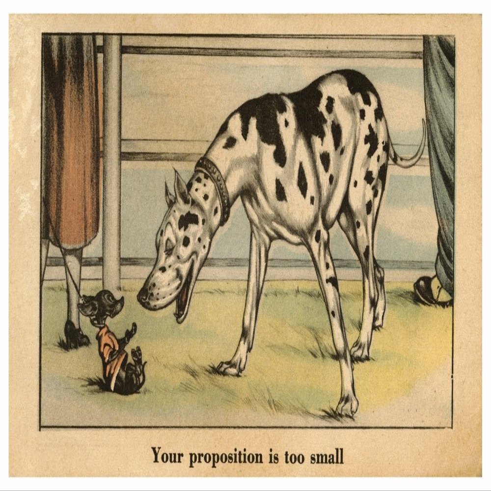 Humorous vintage postcard of dogs A great Dane is much larger that his fellow dog Art by Vincenzo Zito (d2010) Poster Print by Vincenzo Zito (18 x 24)