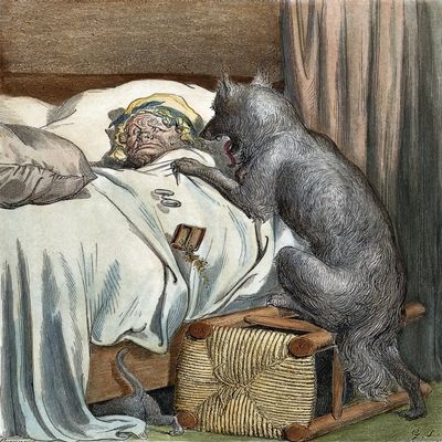 Little Red Riding Hood Nthe Wolf At Little Red Riding HoodS GrandmotherS Bedside Table Wood Engraving From A C1860 Edition Of The Perrault Fairy Tale Illustrated After Gustave Dor Poster Print by (18