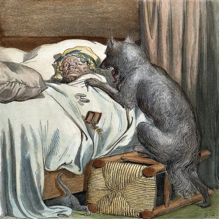 Little Red Riding Hood Nthe Wolf At Little Red Riding HoodS GrandmotherS Bedside Table Wood Engraving From A C1860 Edition Of The Perrault Fairy Tale Illustrated After Gustave Dor Poster Print by (18