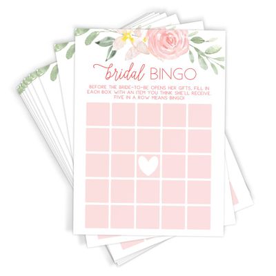 Printed Party Bridal Shower Games Bingo Game with Blank Squares to Guess The Brides Gifts, Fun Wedding Shower Activity, Pink Floral Design, 50 Guests