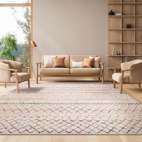 SAFAVIEH Area Rug 8x10 - Madison Collection - Large - Ivory & Fuchsia, Moroccan Boho Distressed Design, Non-Shedding & Easy Cleaning, Ideal for Living Room, Bedroom, Office, Dining Space (MAD798A)