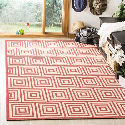 SAFAVIEH Washable Rug Outdoor Linden Collection - 4' x 6', Red & Cream, Non-Shedding & Easy to Clean, Ideal for Patio, Backyard, Mudroom (LND173Q)