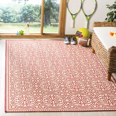 SAFAVIEH Washable Rug Outdoor Linden Collection - 4' x 6', Red & Cream, Non-Shedding & Easy to Clean, Ideal for Patio, Backyard, Mudroom (LND134Q)