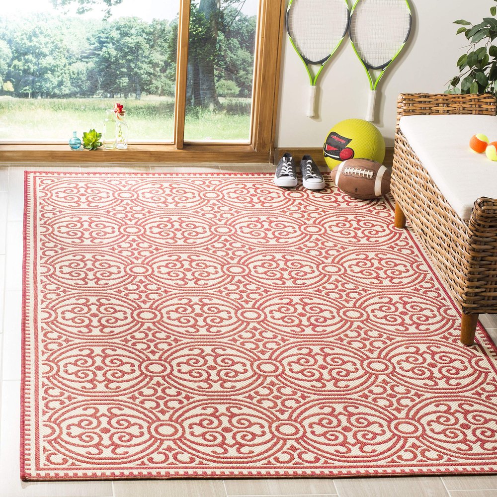 SAFAVIEH Washable Rug Outdoor Linden Collection - 4' x 6', Red & Cream, Non-Shedding & Easy to Clean, Ideal for Patio, Backyard, Mudroom (LND134Q)