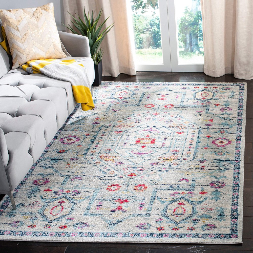 SAFAVIEH Area Rug 8x10 - Madison Collection - Large - Light Grey & Fuchsia, Oriental Boho Chic Distressed Design, Non-Shedding & Easy Cleaning, Ideal for Living Room, Bedroom, Dining Space (MAD928R)