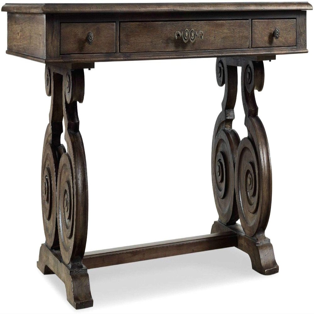 Beaumont Lane Writing Home Office Desk, Walnut Brown Finish, 66 in Wide Hardwood Solids with Veneers, Drop-Front Center Drawer, Multiple Storage Drawers, Durable Design for Office or Study Room