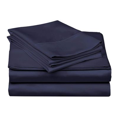 4 PCs Bed Sheet Set 400 TC 100% Pure Cotton Super Soft Long Staple, Italian Finish Fitted Sheet fits Upto 15 deep Pocket Mattress Twin XL, Navy Blue Solid