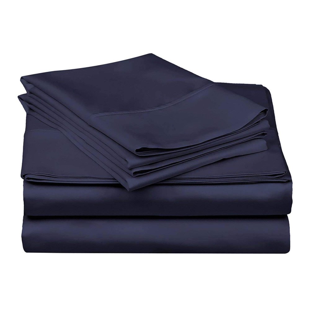 4 PCs Bed Sheet Set 400 TC 100% Pure Cotton Super Soft Long Staple, Italian Finish Fitted Sheet fits Upto 15 deep Pocket Mattress Twin XL, Navy Blue Solid