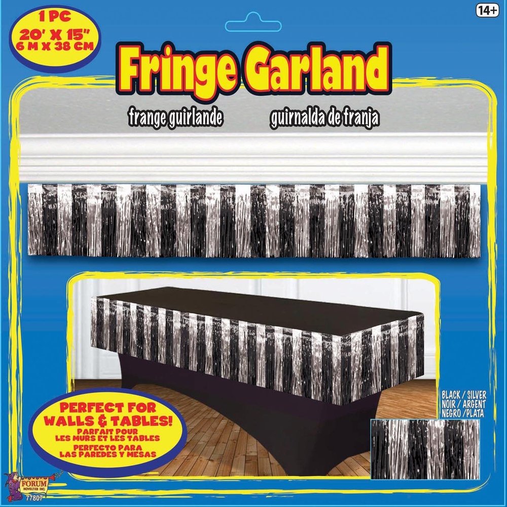 Forum Novelties Tinsel Fringe Garland, 20 feet x 15 inches, Silver/Black