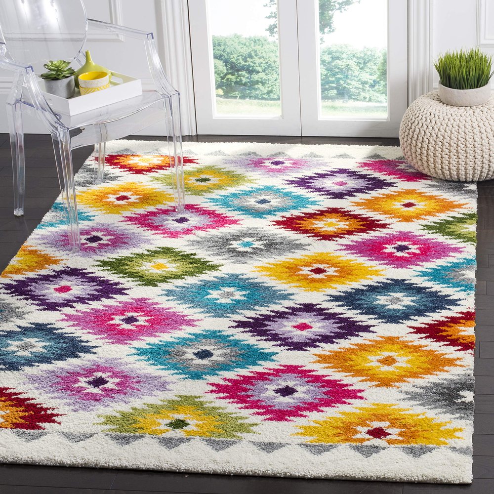 SAFAVIEH Area Rug 8x10 - Fiesta Shag Collection - Large - Cream & Multi, Modern Design, Non-Shedding & Easy Cleaning, Ideal for Living Room, Bedroom, Dining Space (FSG374A)