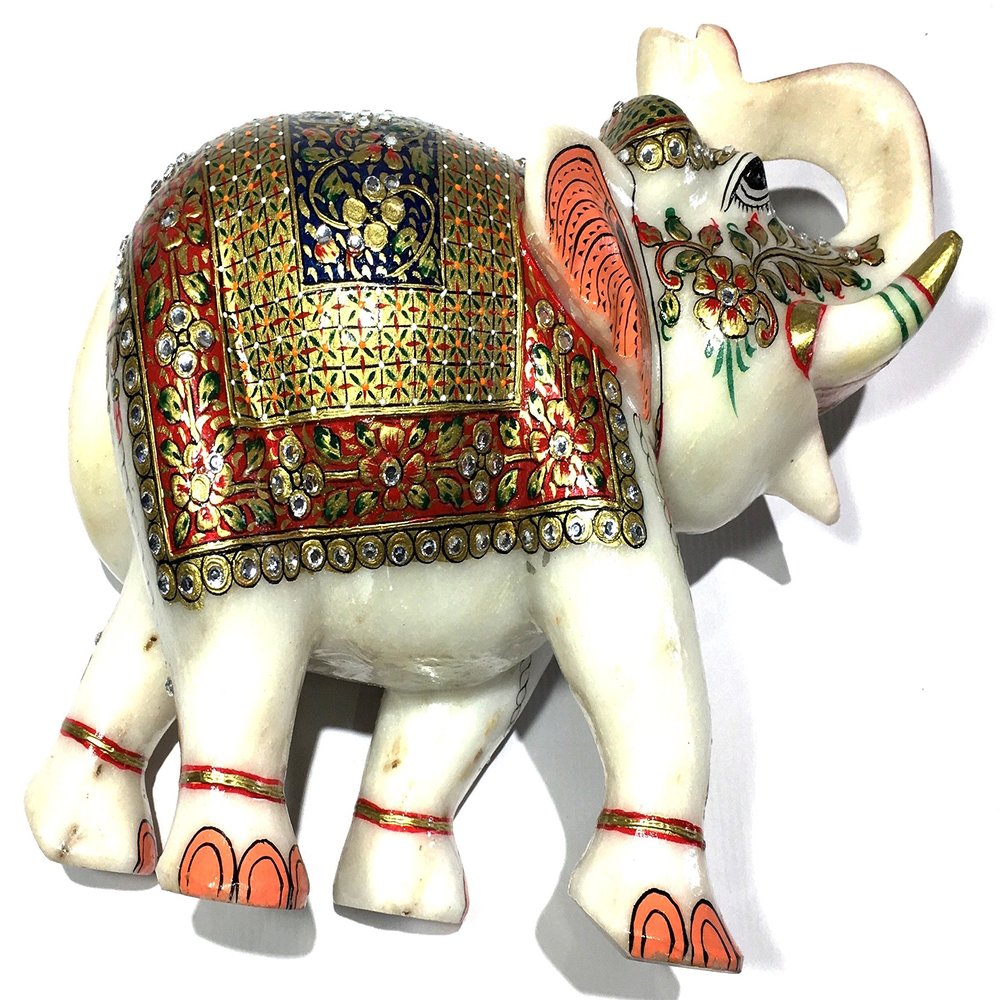 Kraaft Emporium Premium Handcrafted Pure Marble Meenakari Elephant Decor Gift Item - 10"x5"x8" inches