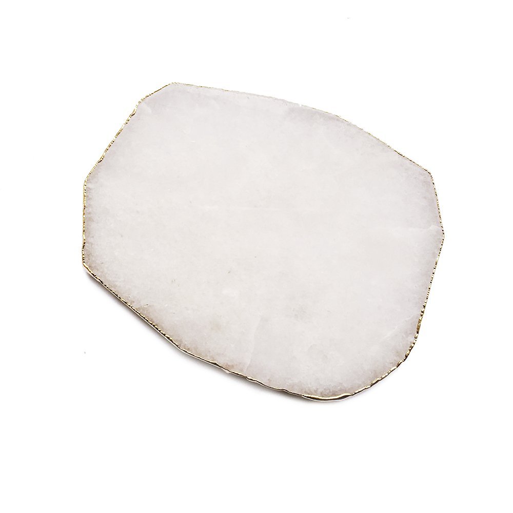 1PC) 3.5'' Natural Crystal Quartz Slice Gemstone Golden Plated Coasters Wedding Party Home Decoration,Cup Mat,Dessert plate,Irregular Rose Quartz 1PC (WHITE)
