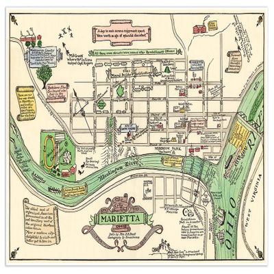 Antiguos Maps Pictorial Illustration of the City Beautiful Marietta, Ohio circa 1866 | Art Print Poster Vintage Wall Decor | 24 x 36 inches (610 x 915 mm)