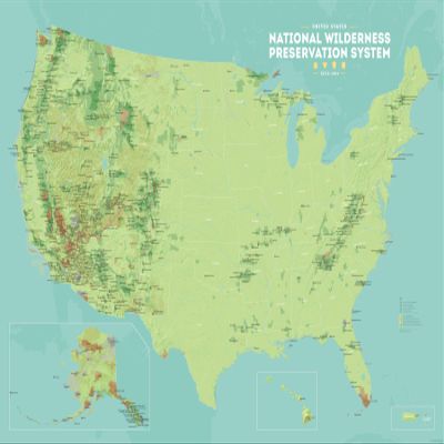 US National Wilderness Preservation System Map 24x36 Poster (Green & Aqua)