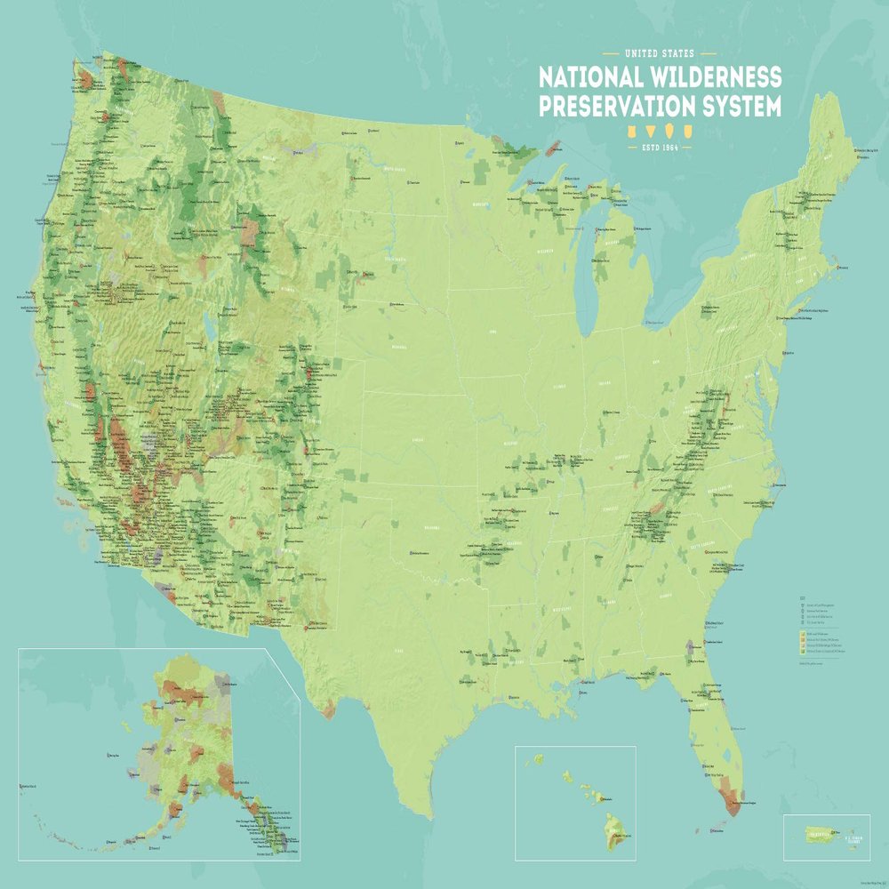 US National Wilderness Preservation System Map 24x36 Poster (Green & Aqua)