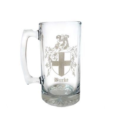 Burke Irish Family Coat of Arms 27oz Glass Stein  Personalized Heraldic Engraving