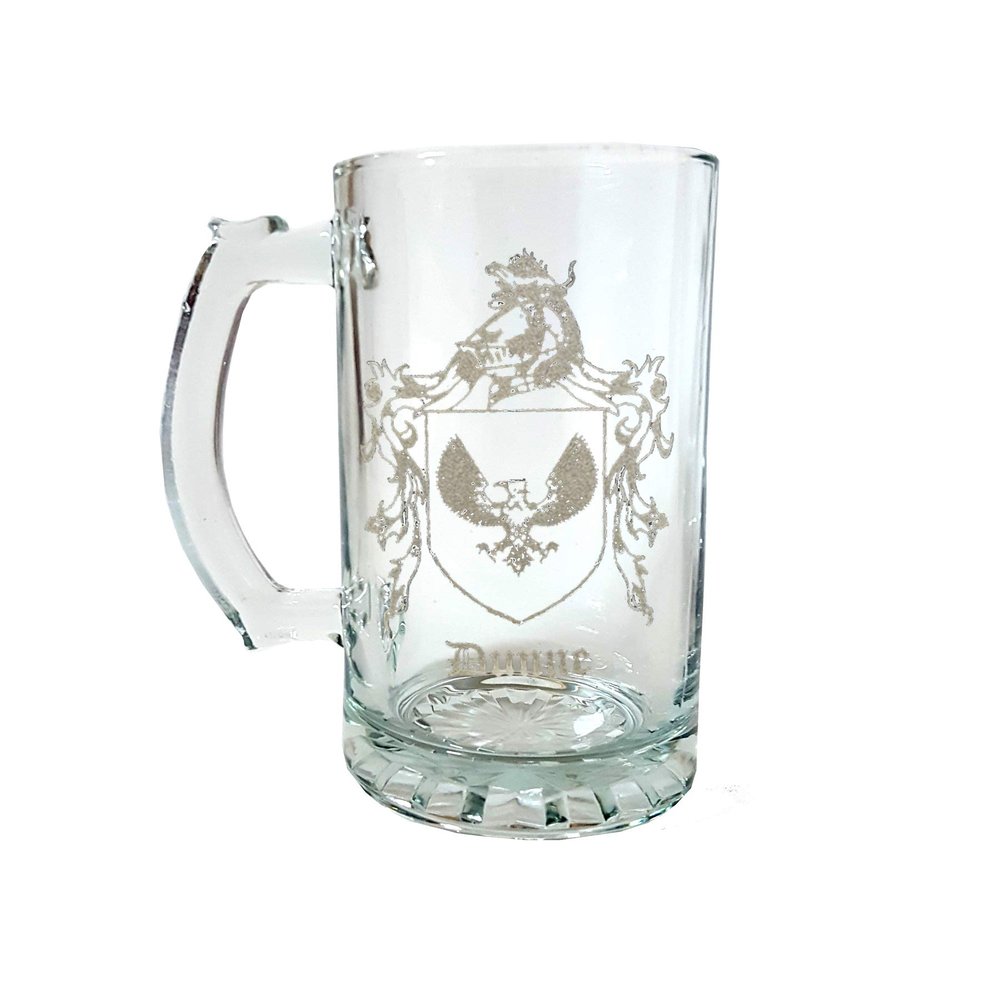 Dunne Irish Family Coat of Arms 27oz Glass Stein - Personalized Heraldic Engraving