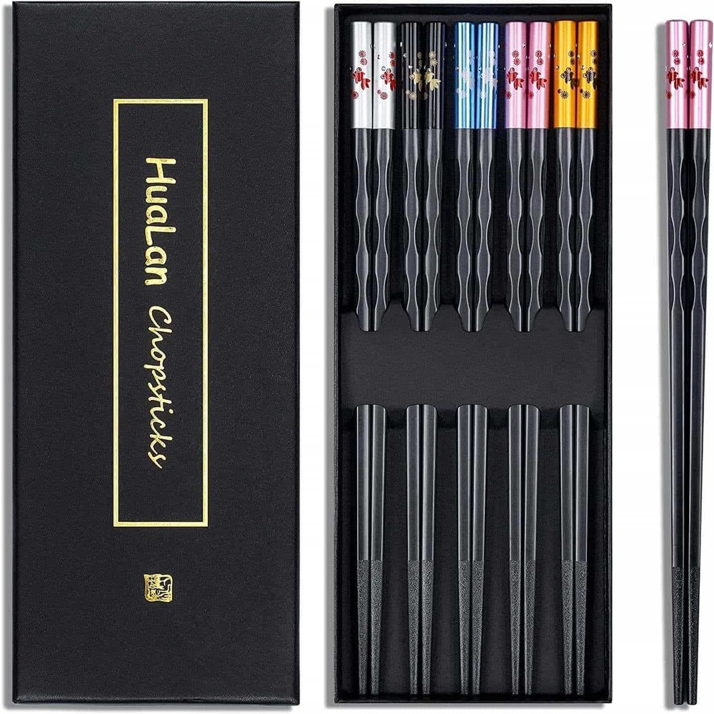 Fiberglass Chopsticks Series - Japanese Non-Slip Chopstick, Reusable Chop Sticks Dishwasher Safe, 5 Pairs, Gift Set, 9.9 Inches,Golden Fish