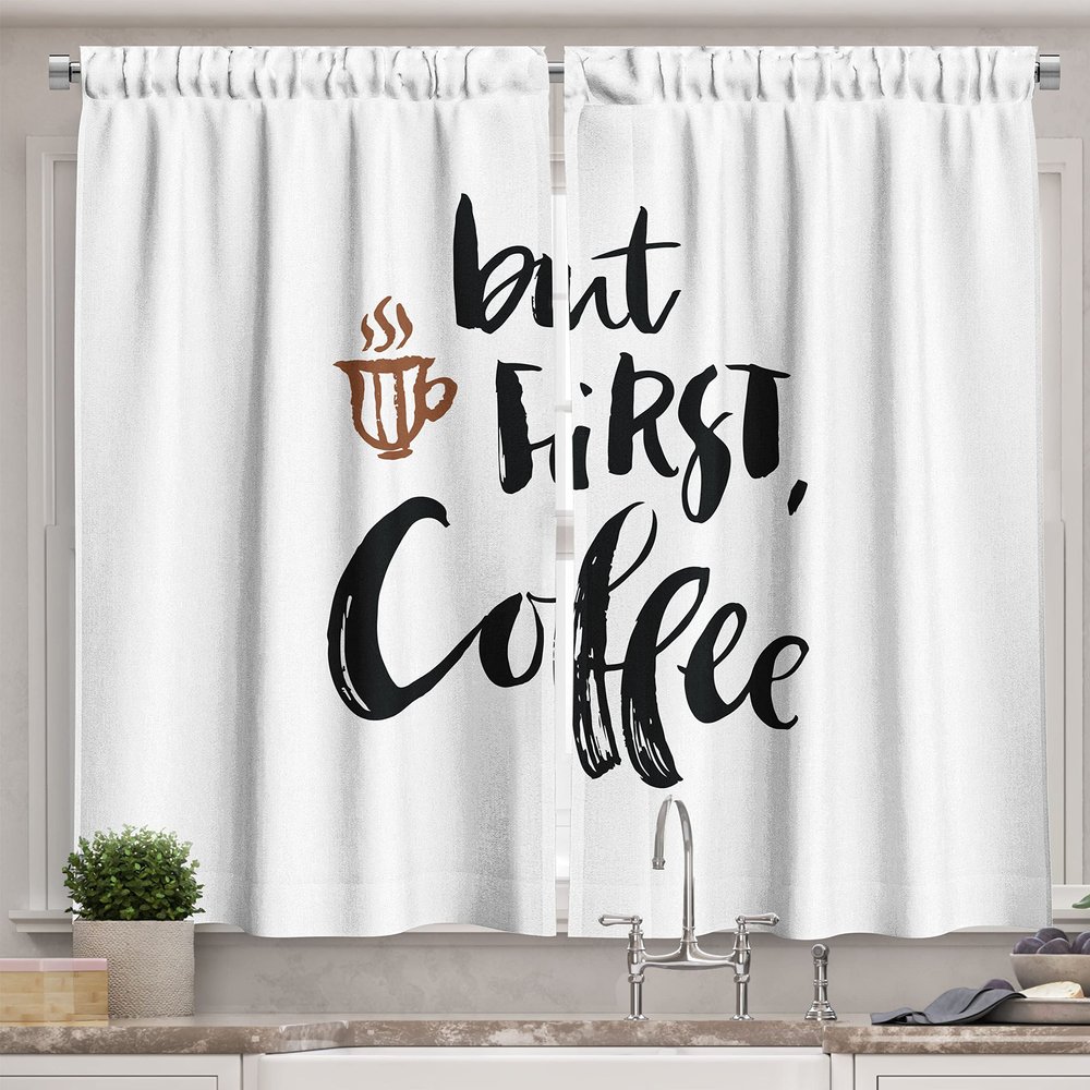 Lunarable Saying Kitchen Curtains, First Coffee Calligraphy with Hand Drawn Cup Modern Ink Lettering, Window Drapes 2 Panel Set for Kitchen Cafe Decor, 55" X 39", White and Black