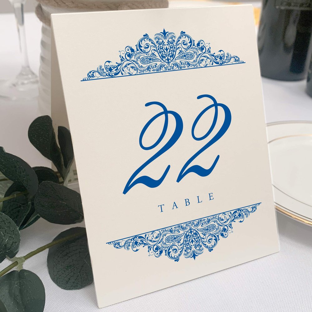Paisley Wedding Table Numbers (Select Color/Quantity), Champagne, Royal Blue, 1-80, Double Sided, Tent or Use in a Stand, Great for Parties & Restaurants - Made in the USA