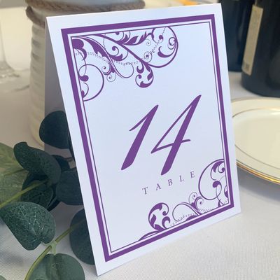 Scribble Vintage Swirl Wedding Table Numbers (Select Color/Quantity), White, Purple, 1-80, Double Sided, Tent or Use in a Stand, Great for Parties & Restaurants