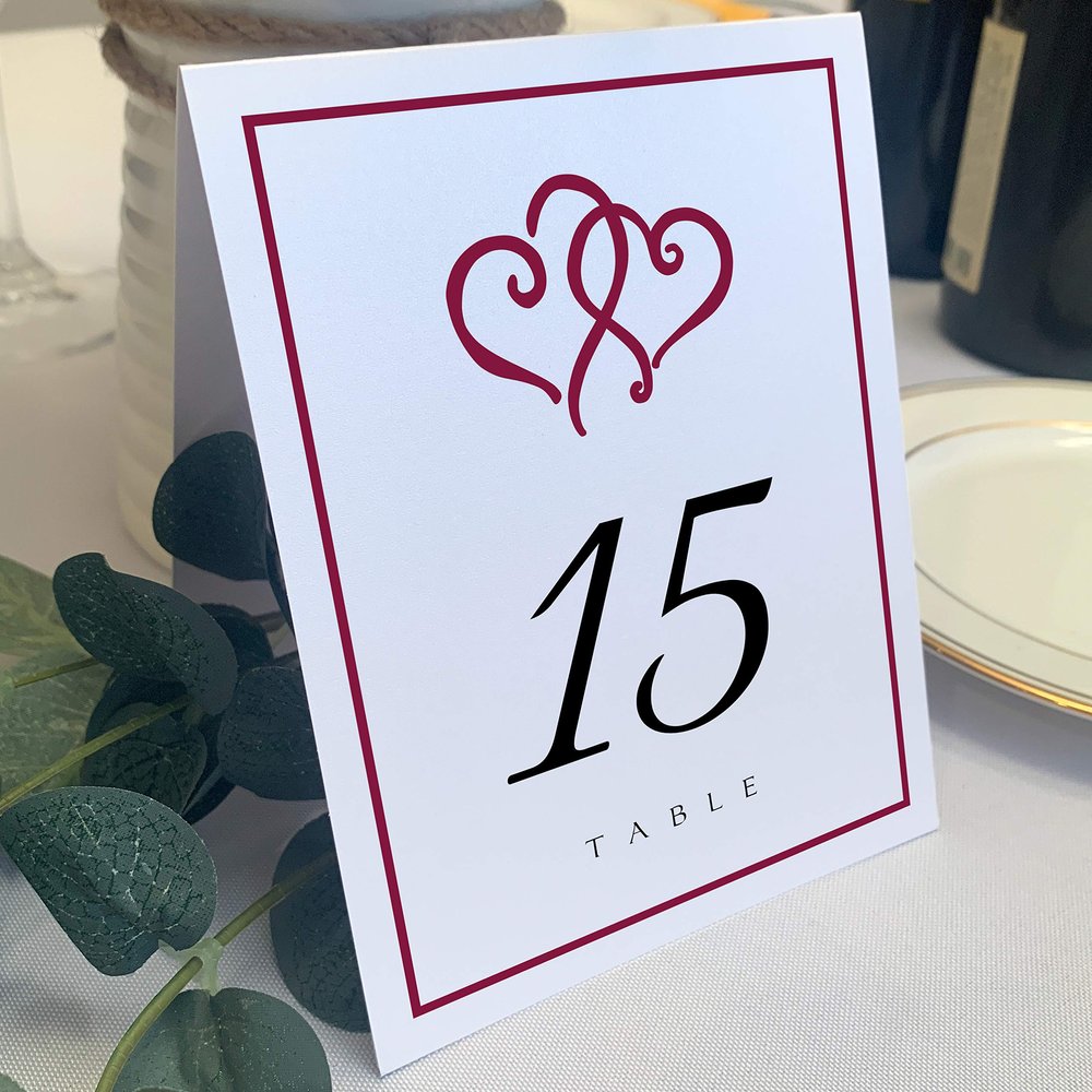 Linked Hearts and Border Wedding Table Numbers (Select Color/Quantity), White, Burgundy, 1-90, Double Sided, Tent or Use in a Stand, Great for Parties & Restaurants