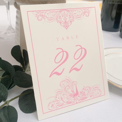 Peacock Flourish Wedding Table Numbers (Select Color/Quantity), Champagne, Pink, 1-80, Double Sided, Tent or Use in a Stand, Great for Parties & Restaurants - Made in the USA