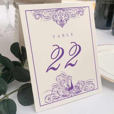 Peacock Flourish Wedding Table Numbers (Select Color/Quantity), Champagne, Purple, 1-90, Double Sided, Tent or Use in a Stand, Great for Parties & Restaurants - Made in the USA