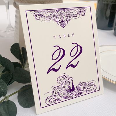 Peacock Flourish Wedding Table Numbers (Select Color/Quantity), Champagne, Eggplant, 1-80, Double Sided, Tent or Use in a Stand, Great for Parties & Restaurants - Made in the USA