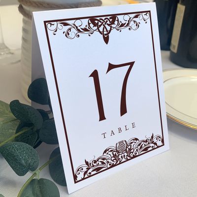 Scottish Thistle Wedding Table Numbers (Select Color/Quantity), White, Chocolate, 1-80, Double Sided, Tent or Use in a Stand, Great for Parties & Restaurants