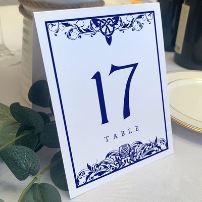 Scottish Thistle Wedding Table Numbers (Select Color/Quantity), White, Navy, 1-80, Double Sided, Tent or Use in a Stand, Great for Parties & Restaurants - Made in the USA