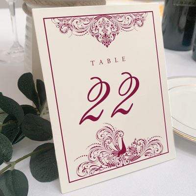 Peacock Flourish Wedding Table Numbers (Select Color/Quantity), Champagne, Burgundy, 1-80, Double Sided, Tent or Use in a Stand, Great for Parties & Restaurants - Made in the USA