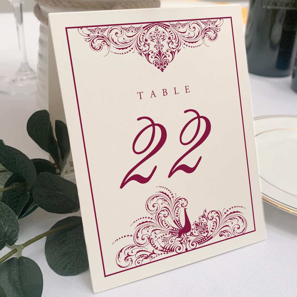 Peacock Flourish Wedding Table Numbers (Select Color/Quantity), Champagne, Burgundy, 1-80, Double Sided, Tent or Use in a Stand, Great for Parties & Restaurants - Made in the USA