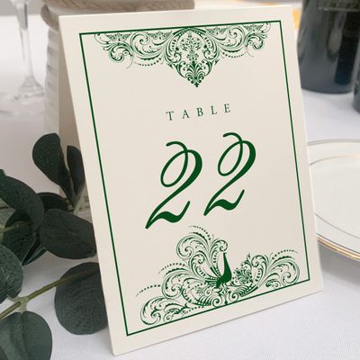 Peacock Flourish Wedding Table Numbers (Select Color/Quantity), Champagne, Hunter Green, 1-80, Double Sided, Tent or Use in a Stand, Great for Parties & Restaurants