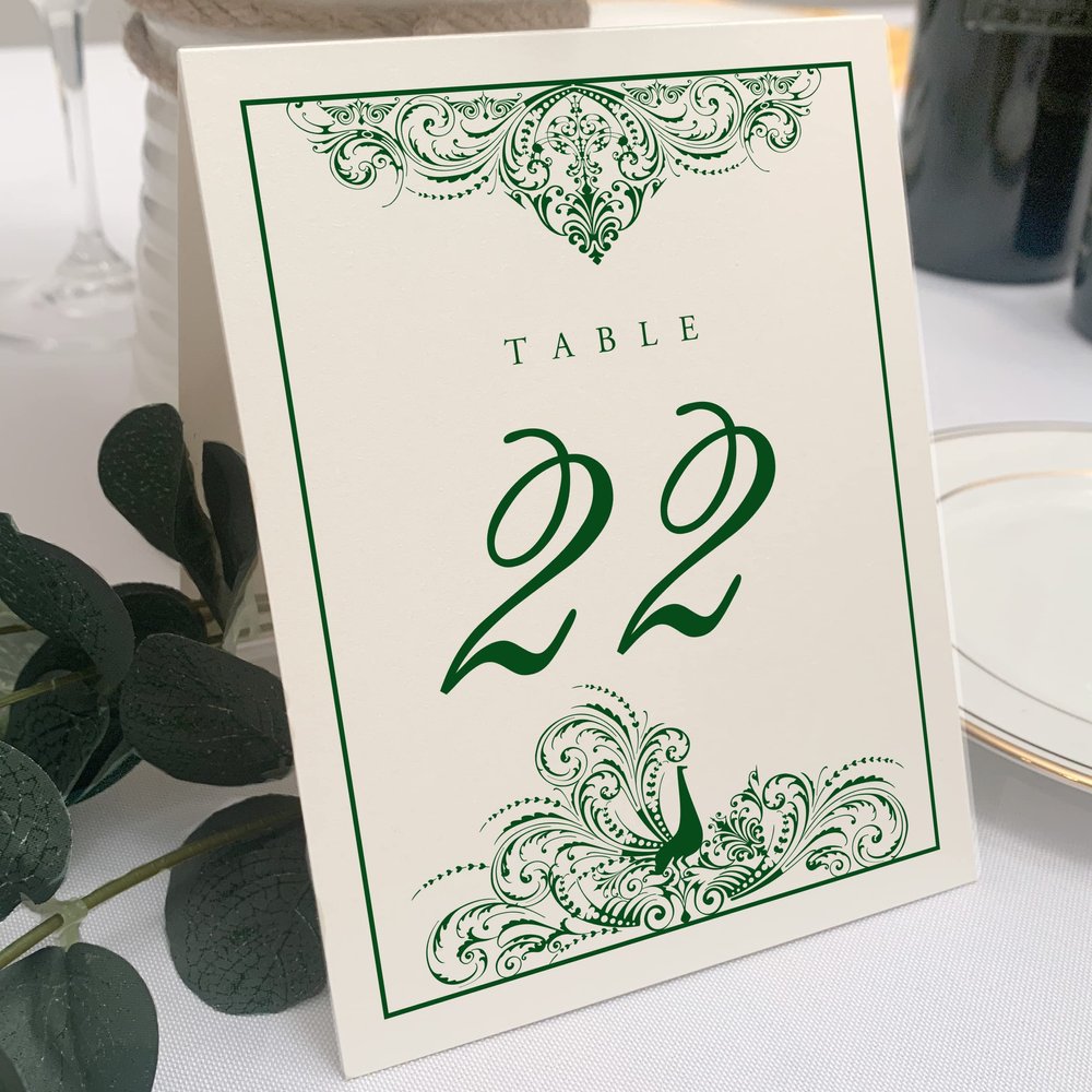 Peacock Flourish Wedding Table Numbers (Select Color/Quantity), Champagne, Hunter Green, 1-80, Double Sided, Tent or Use in a Stand, Great for Parties & Restaurants