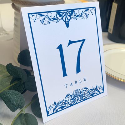 Scottish Thistle Wedding Table Numbers (Select Color/Quantity), White, Royal Blue, 1-80, Double Sided, Tent or Use in a Stand, Great for Parties & Restaurants