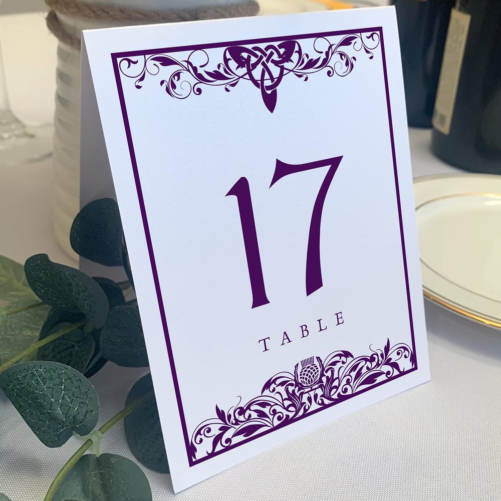 Scottish Thistle Wedding Table Numbers (Select Color/Quantity), White, Eggplant, 1-80, Double Sided, Tent or Use in a Stand, Great for Parties & Restaurants