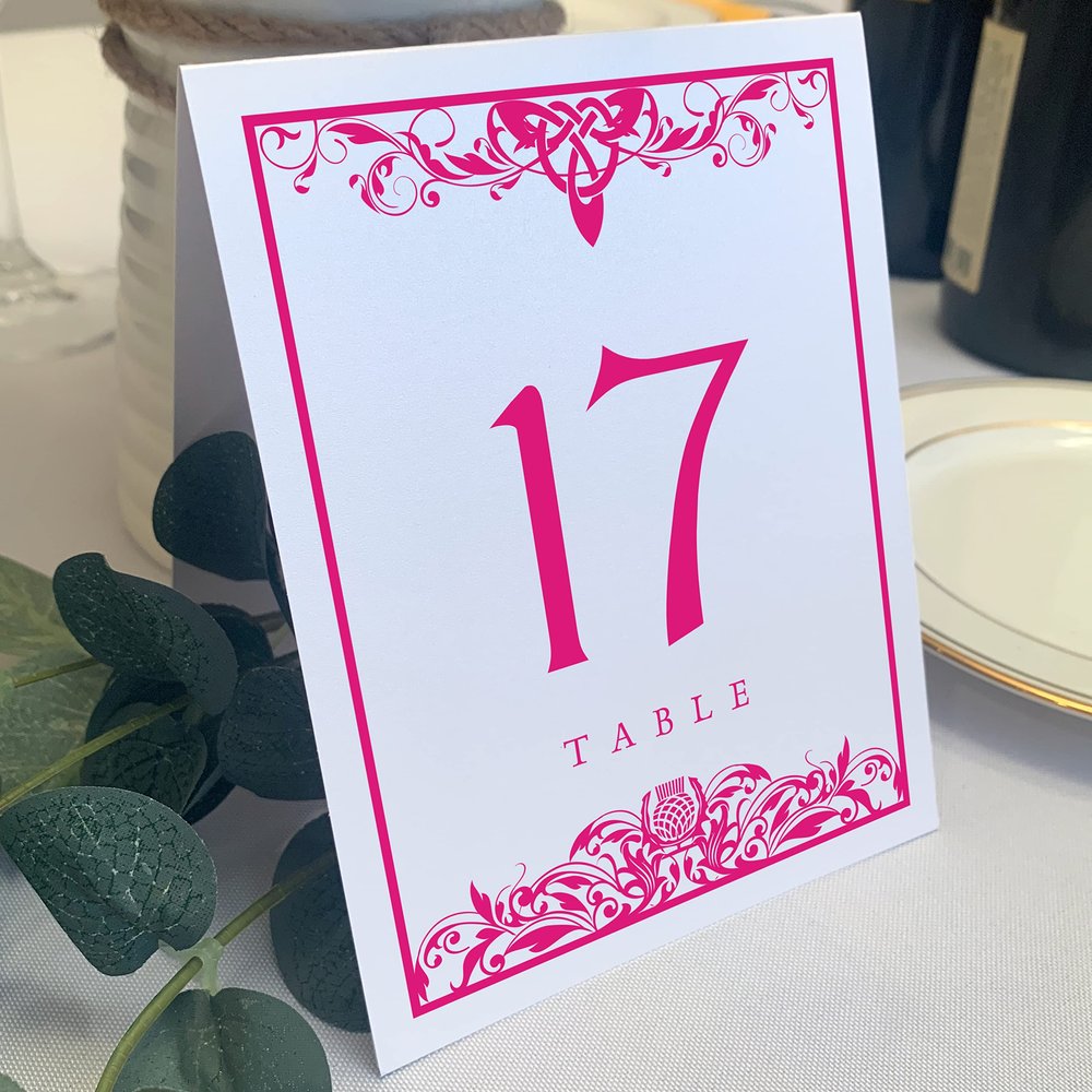 Scottish Thistle Wedding Table Numbers (Select Color/Quantity), White, Fuschia, 1-80, Double Sided, Tent or Use in a Stand, Great for Parties & Restaurants