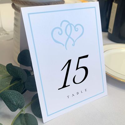 Linked Hearts and Border Wedding Table Numbers (Select Color/Quantity), White, Light Blue, 1-80, Double Sided, Tent or Use in a Stand, Great for Parties & Restaurants