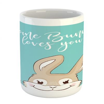Ambesonne Saying Mug, Some Bunny Loves You Text and a Funny Friendly Rabbit with a Big Smile, Ceramic Coffee Mug Cup for Water Tea Drinks, 11 oz, Blue White