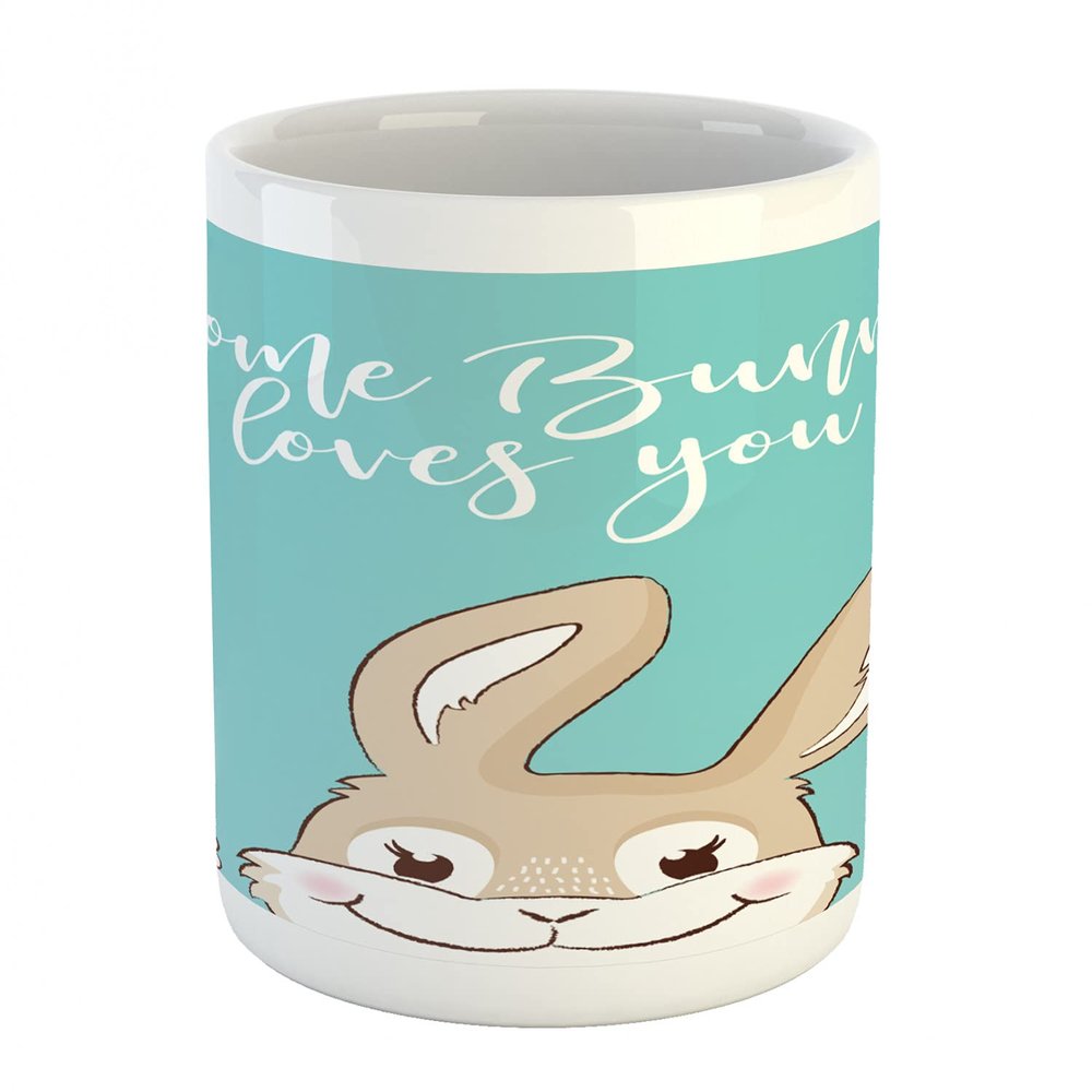 Ambesonne Saying Mug, Some Bunny Loves You Text and a Funny Friendly Rabbit with a Big Smile, Ceramic Coffee Mug Cup for Water Tea Drinks, 11 oz, Blue White