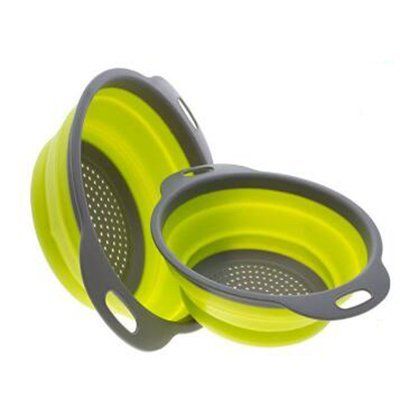 2pcs/set Foldable Silicone Colander Fruit Vegetable Washing Basket Strainer Collapsible Drainer With Handle Kitchen Tool (Green)