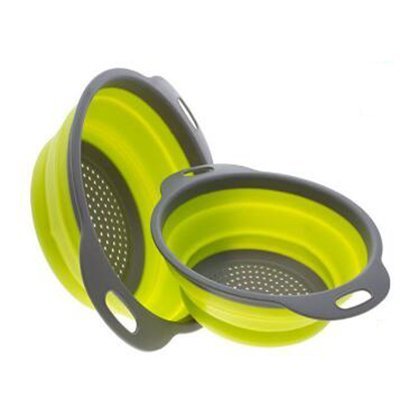 2pcs/set Foldable Silicone Colander Fruit Vegetable Washing Basket Strainer Collapsible Drainer With Handle Kitchen Tool (Green)
